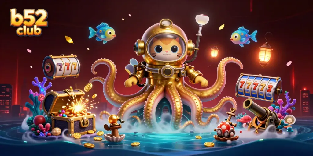 Bets at b52 club lead to treasures in a vibrant underwater casino scene with gold coins and bioluminescent elements.