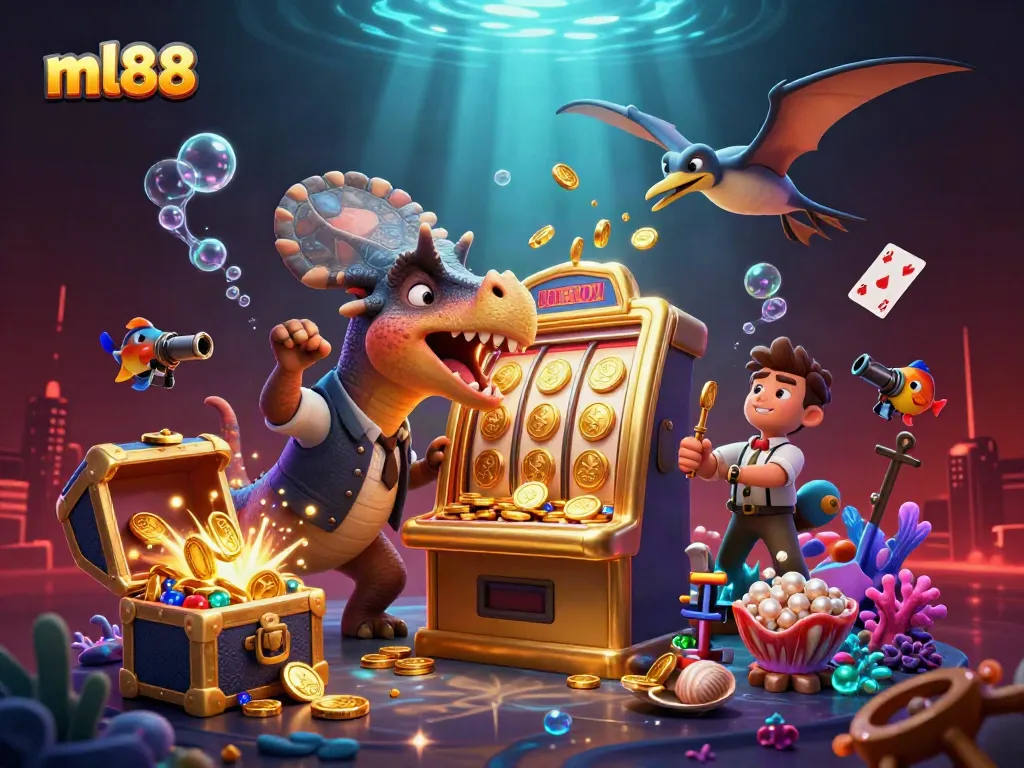 ml88 highlights a vibrant 3D casino scene featuring cartoon characters interacting with a slot machine.