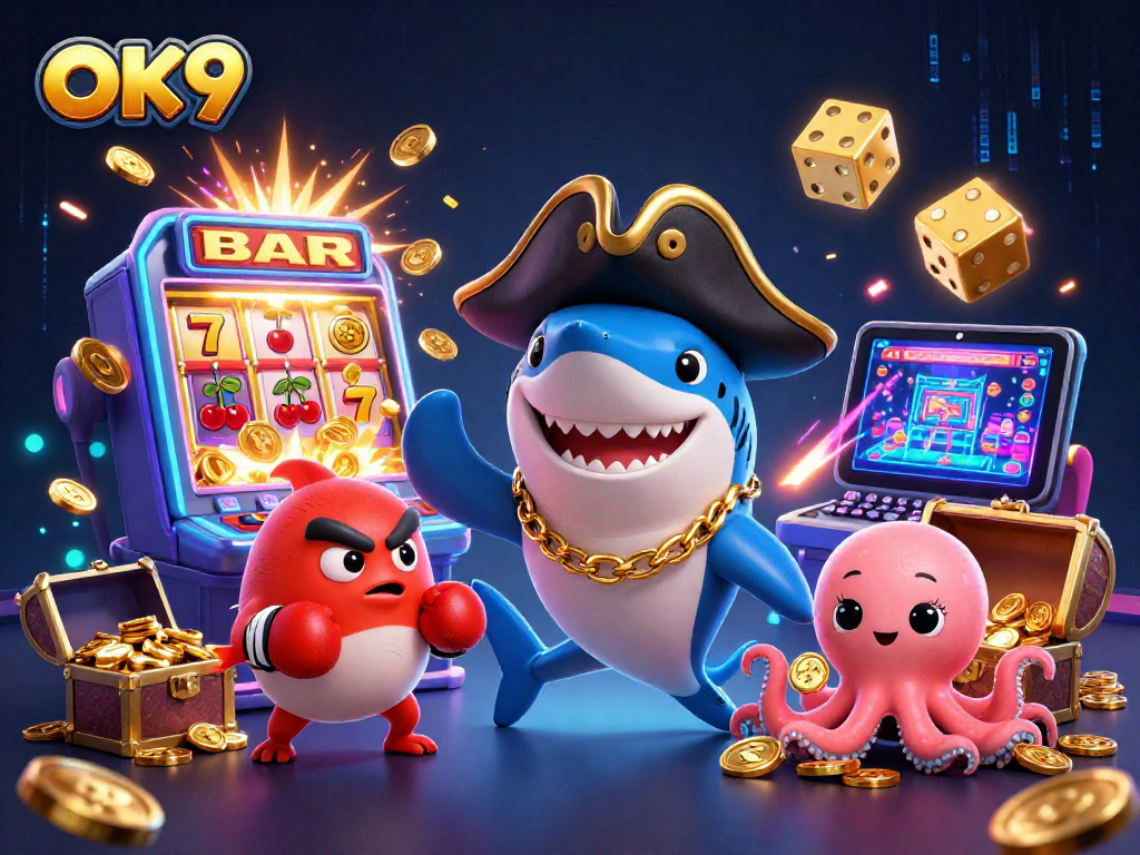Engaging OK9 casino scene featuring a shark, pufferfish, and octopus celebrating a jackpot win with slots and games.
