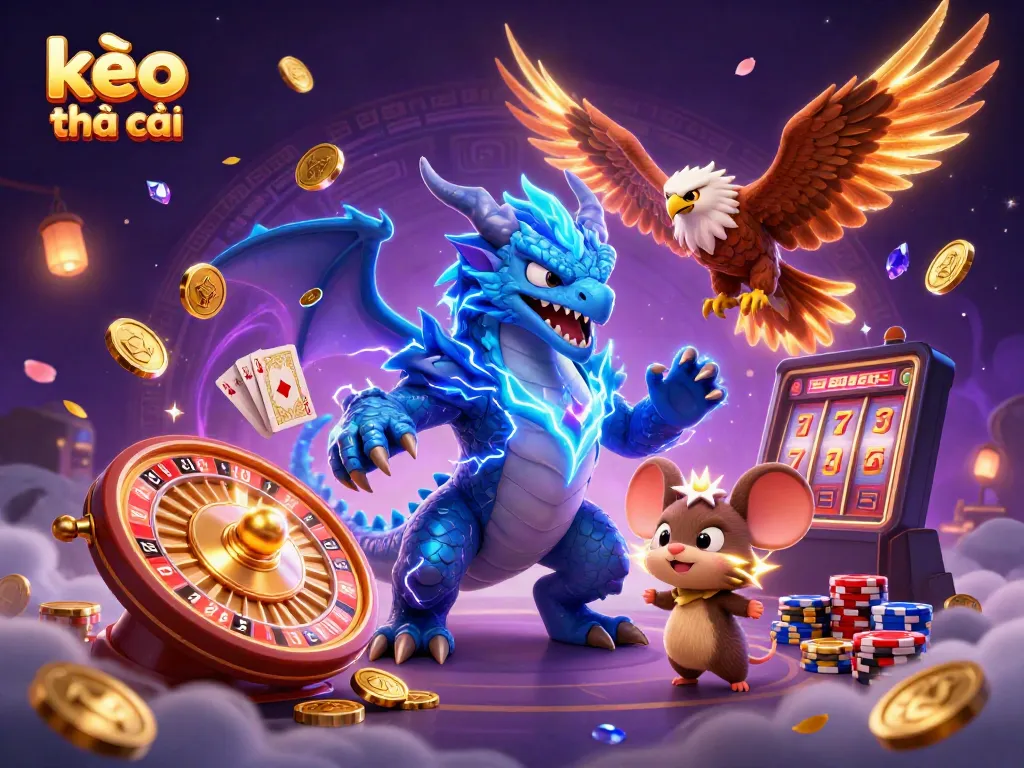 Ignite your betting journey with the vibrant kèo nhà cái scene featuring animated characters and casino elements.
