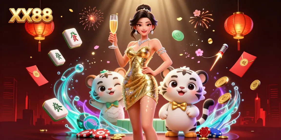 Experience the thrill of gaming at XX88 with a stunning casino scene featuring a glamorous woman and a lucky tiger.