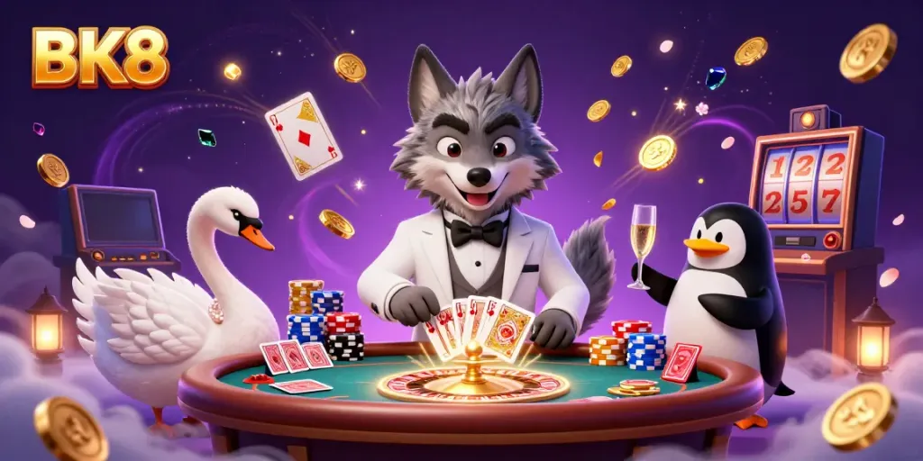 Engage with BK8 as the debonair wolf plays baccarat with a swan dealer amidst cascading riches.