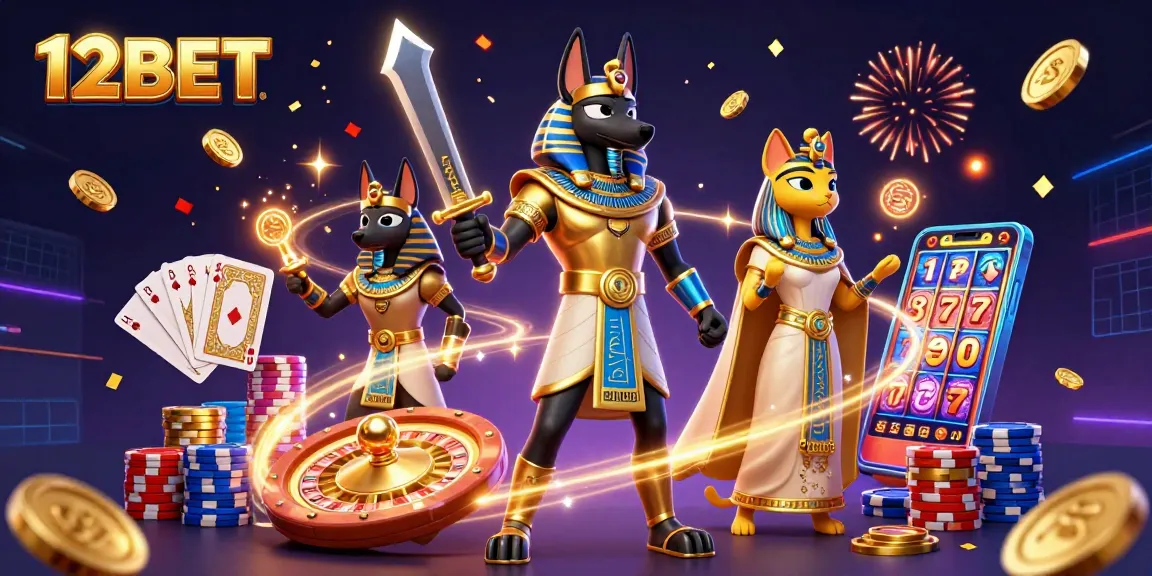 Experience the excitement of 12BET as ancient Egyptian warriors celebrate around casino elements.