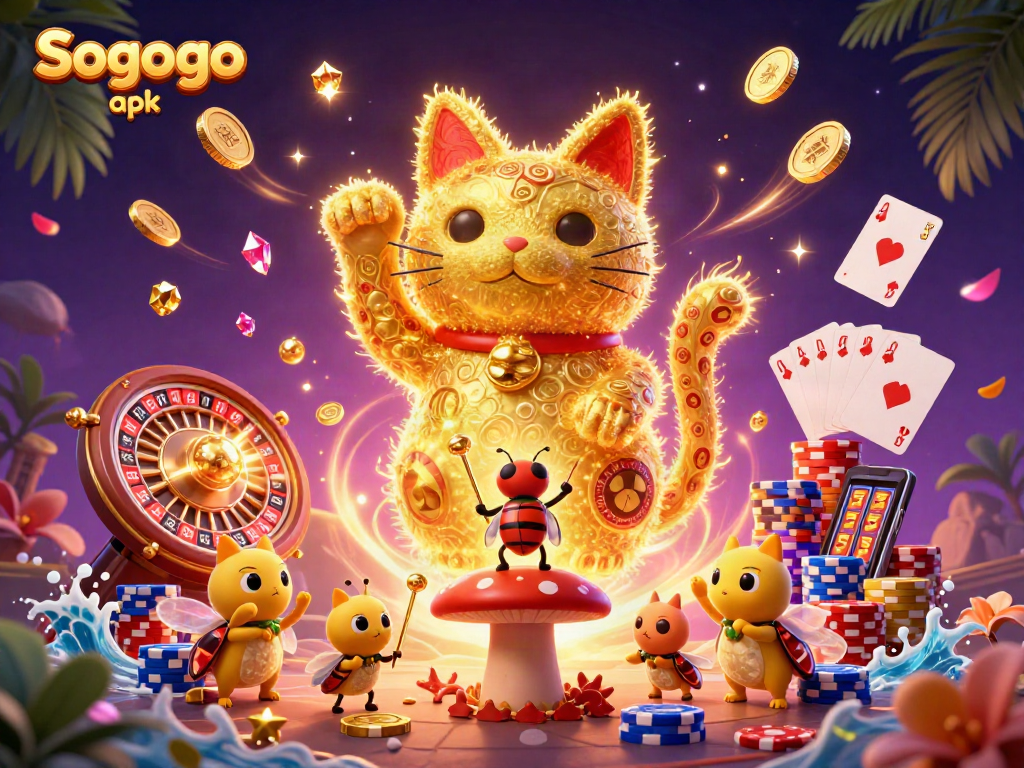 Experience the thrill of Sogogo apk with a vibrant 3D casino illustration filled with engaging characters and dynamic gaming elements.