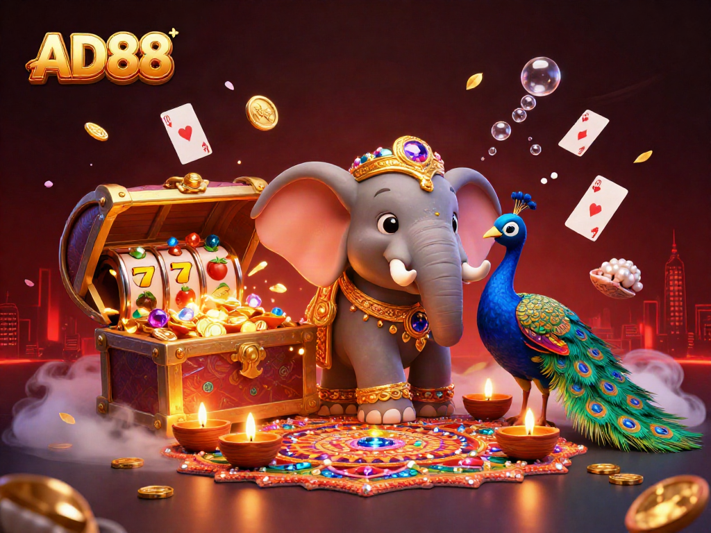 Engage in vibrant casino adventures with AD88 featuring dynamic slot reels and rich character elements.