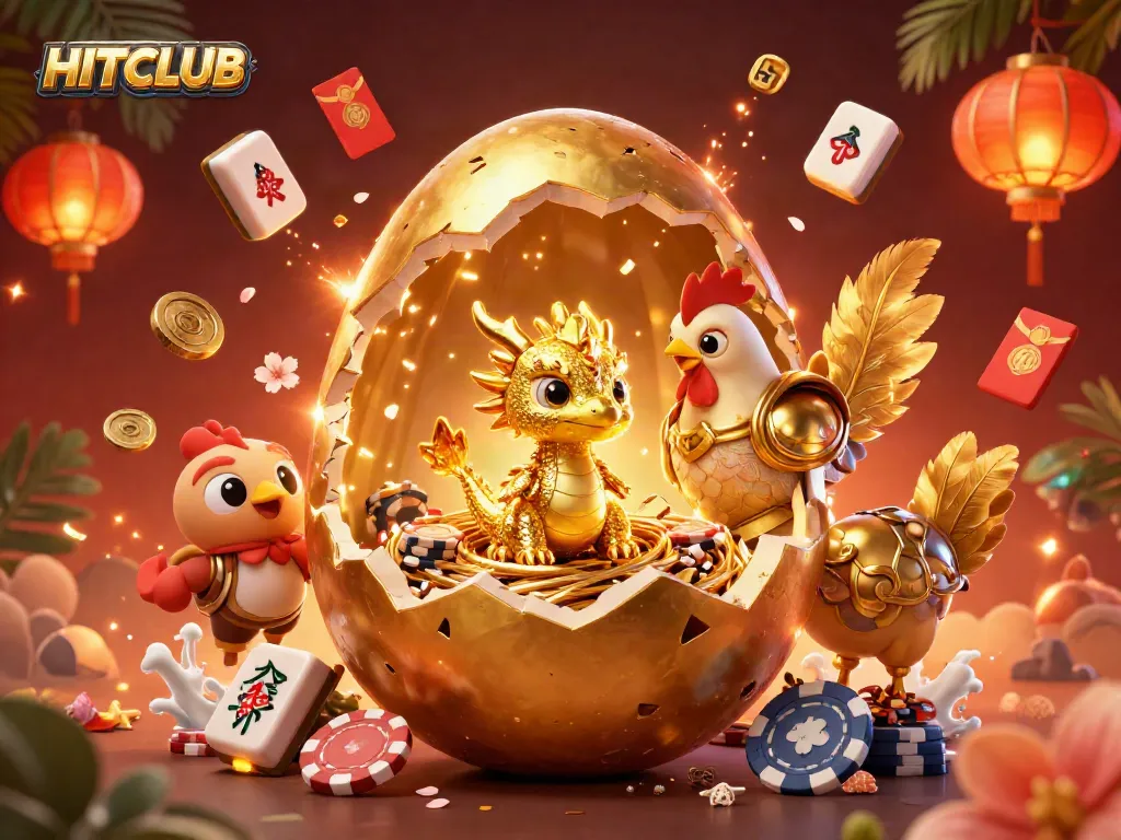 Engage with HITCLUB's thriving gambling scene featuring a golden baby dragon and unique game elements.