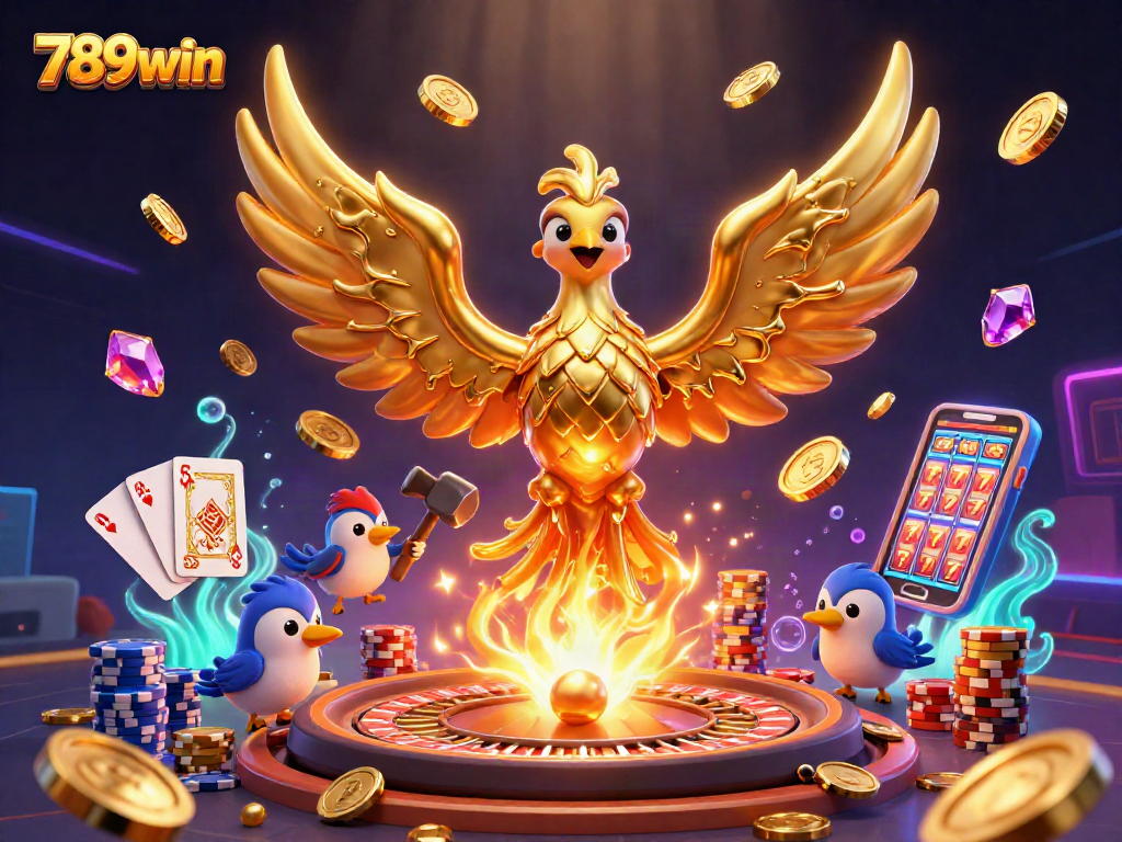 Spin the reels with 789win's golden phoenix amidst a vibrant casino scene of excitement.