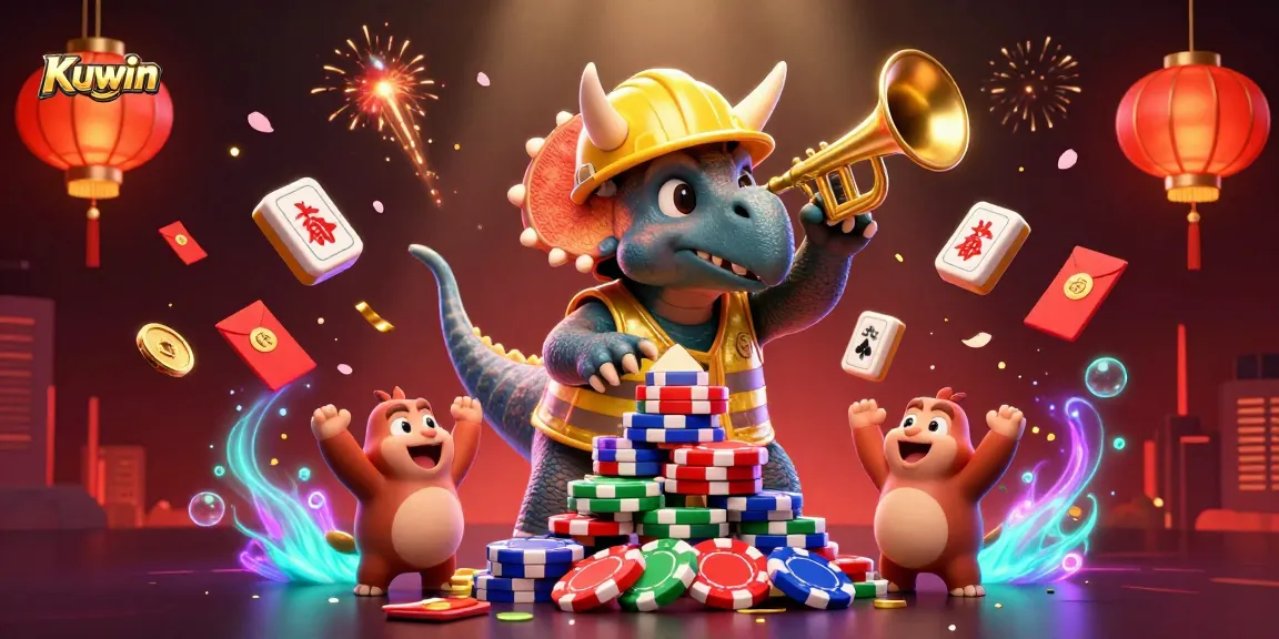 Kuwin celebrates online casino gaming with a vibrant 3D scene featuring a triceratops and its festive companions.
