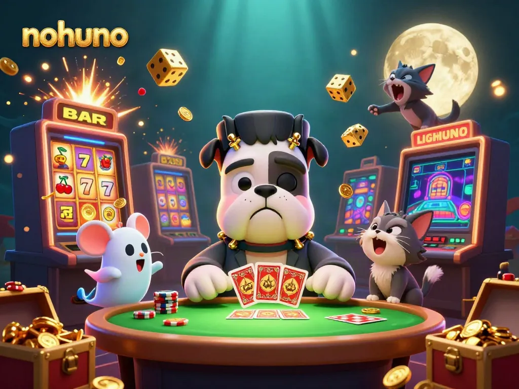 Nohuno interactive casino scene with a Frankenstein bulldog dealer, ghostly mouse, and howling kitten.