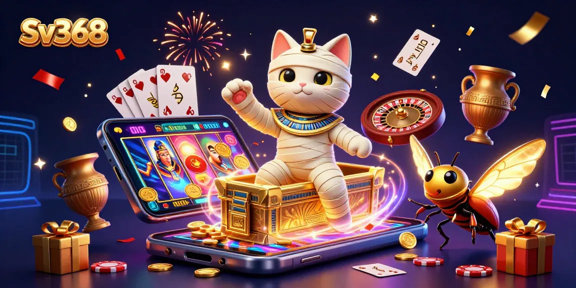 Experience thrilling gaming action at Sv368 with a vibrant casino scene featuring a mummy cat and glowing elements.