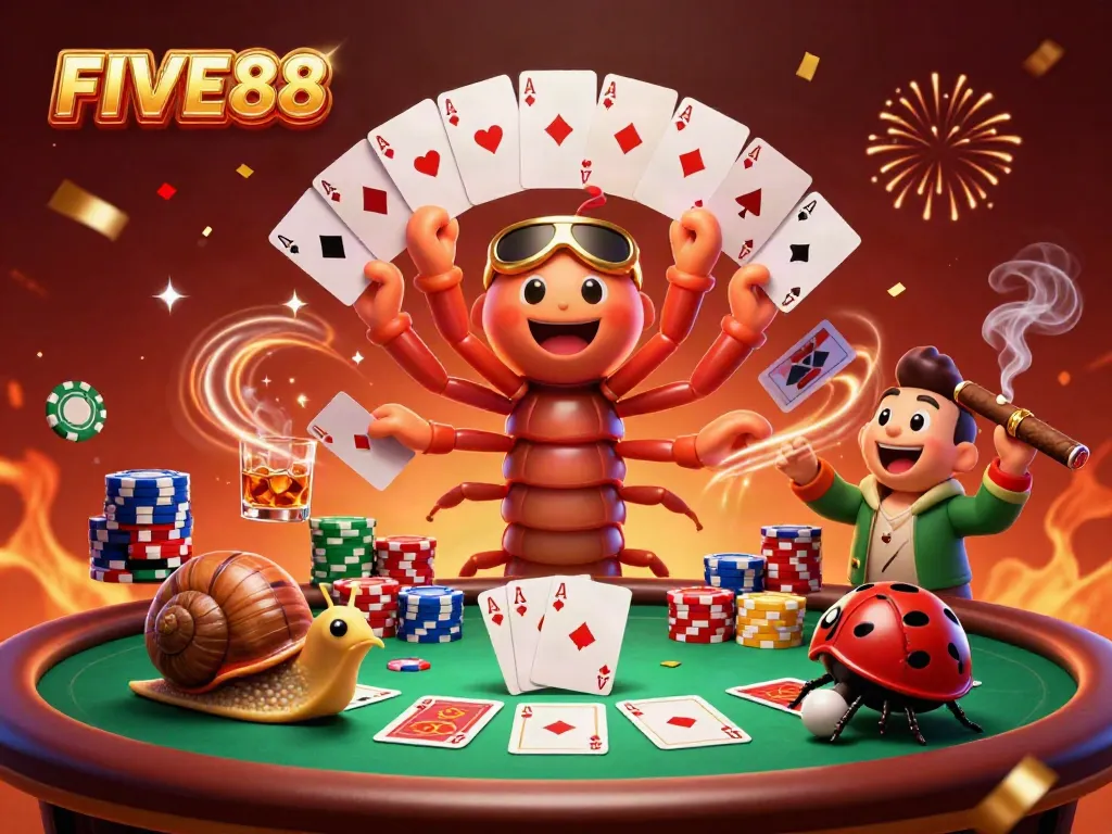 Experience the thrill of FIVE88 with our vibrant 3D casino scene featuring unique characters and poker elements.