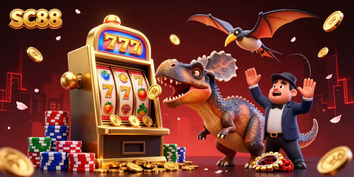 SC88 slots scene with a dinosaur, jackpot coins, and colorful poker chips flying.