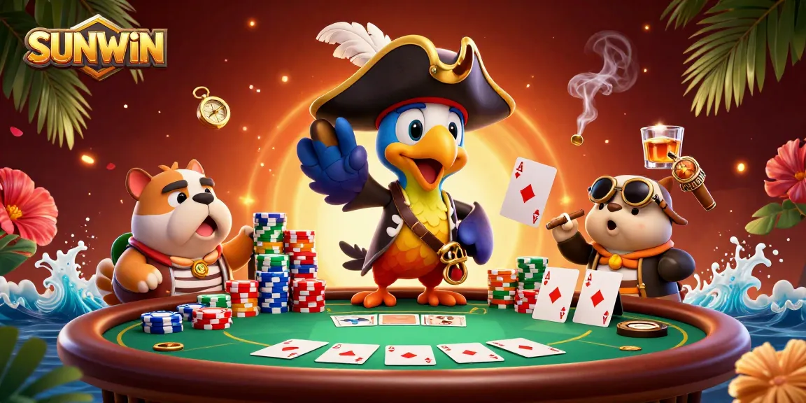 SUNWIN captivates in this dynamic casino scene featuring a playful captain parrot directing a poker game.