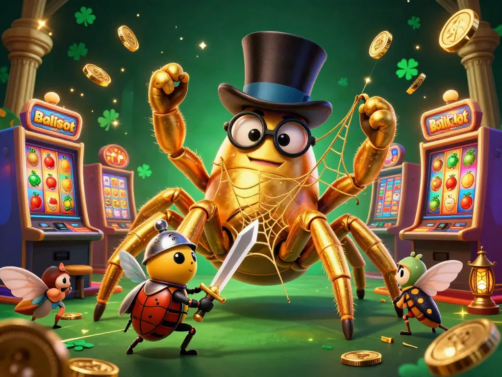 Balislot casino-themed illustration showcasing a tarantula, beetle knight, and slot machines, capturing winning moments.