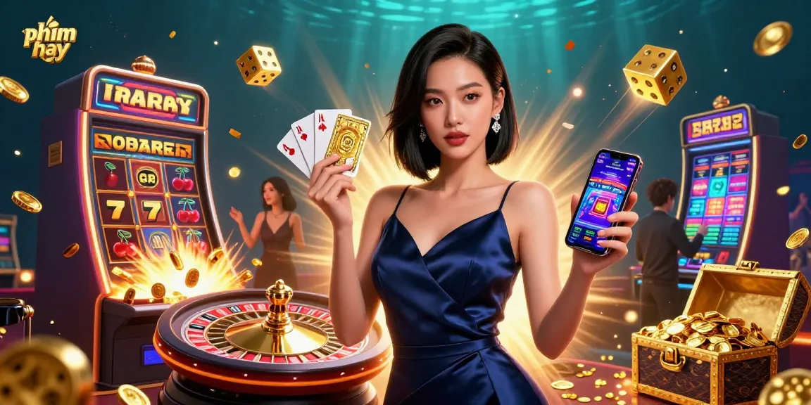 Experience thrilling phim hay action with stunning Asian woman holding casino chips and smartphone.