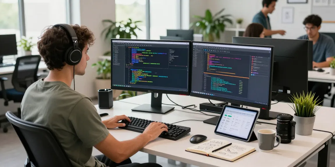Engineer coding with beta tools at a modern tech workspace, dual monitors showcasing vibrant code.