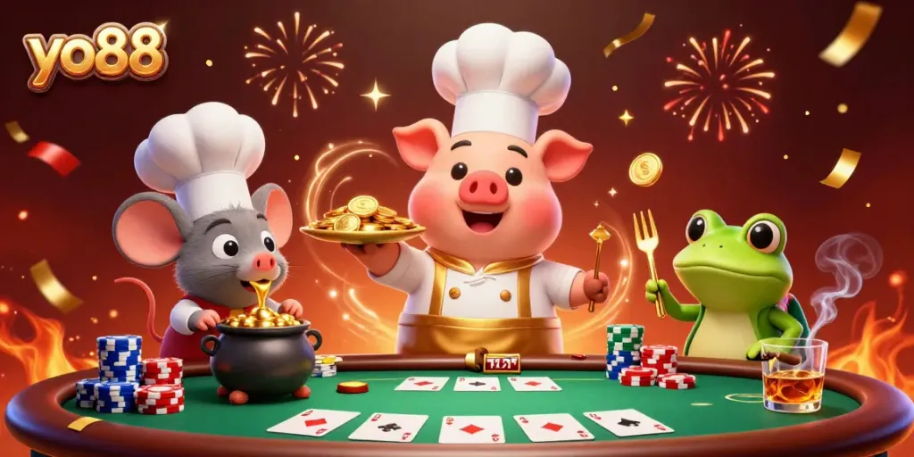 Chef pig serving gold coins at yo88 casino, surrounded by poker elements and festive atmosphere.