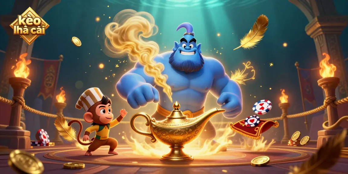 Engage in thrilling moments of kèo nhà cái action with a dynamic 3D illustration of a genie, monkey, and poker chip-laden magic carpet.