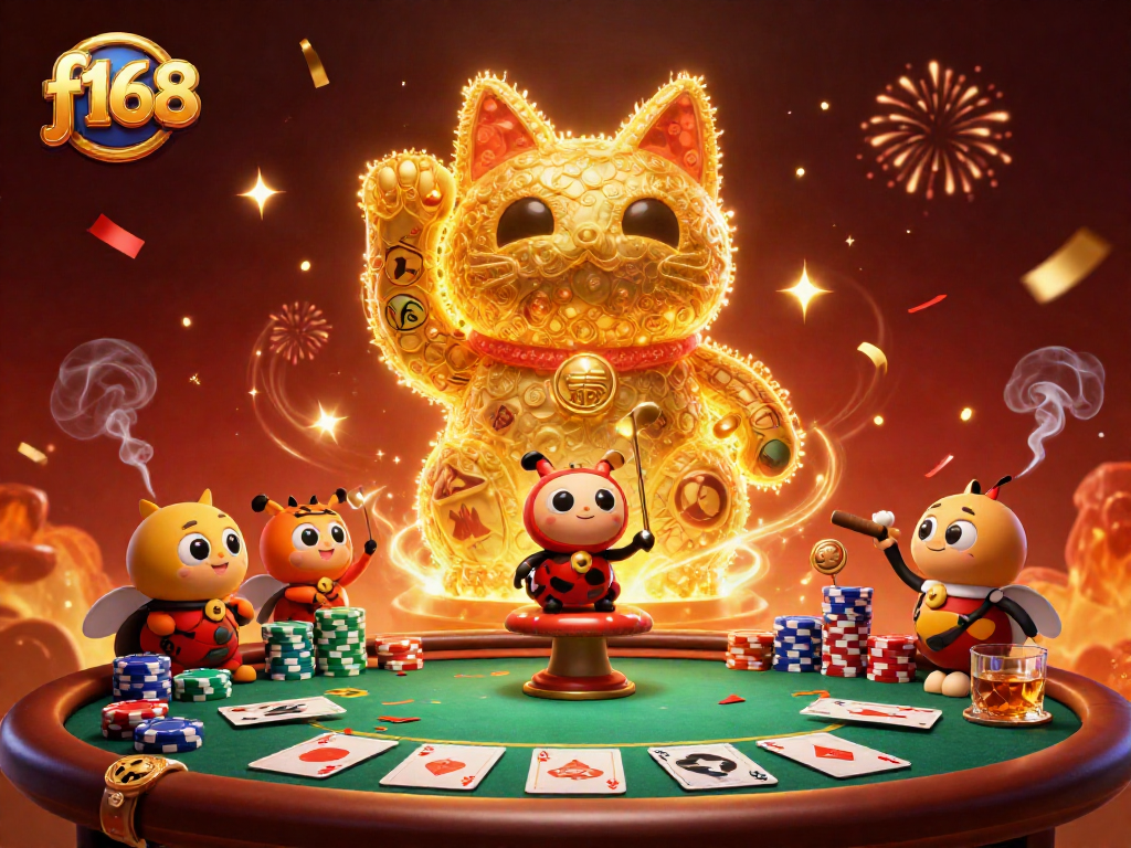 Experience the f168 magic with a vibrant illustration of a lucky cat and casino symbols.