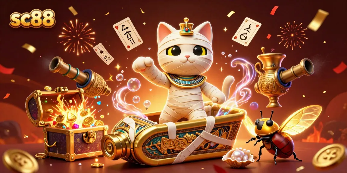 Join the excitement with sc88 as a mummy cat and scarab beetle unveil casino treasures!