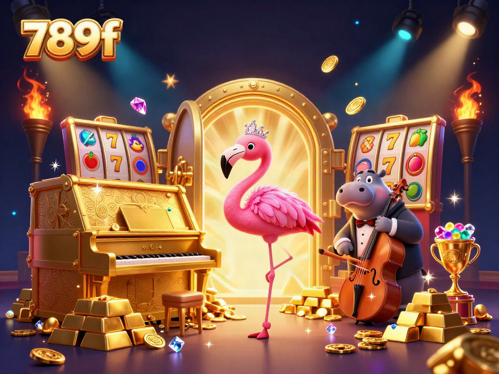 Experience the excitement of 789f with a vibrant casino scene featuring a flamingo singer and hippo bassist.