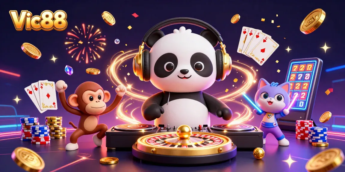 Experience the excitement of Vic88 with vibrant characters and casino elements in an electrifying digital scene.