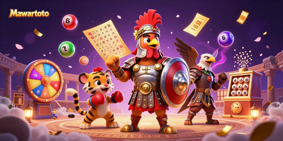 Mawartoto lottery-themed illustration showing a gladiator rooster and tiger cub amidst bouncing bingo balls and golden tickets.