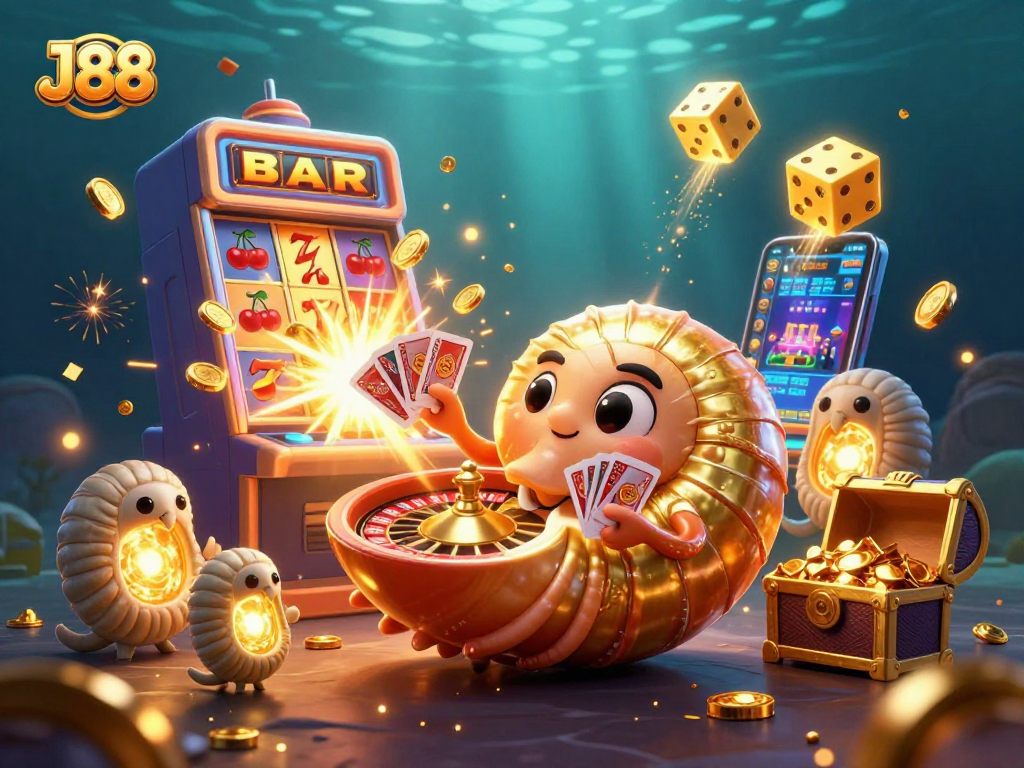 Experience thrilling winnings at J88 with vibrant 3D nautilus, slot machines, and sparkling jackpots.