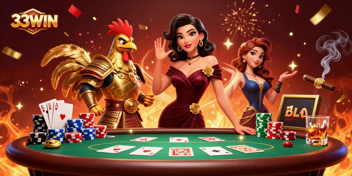 Experience the thrill of 33WIN with our glamorous casino-themed illustration featuring poker elements and festive confetti