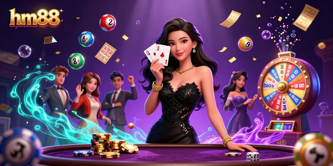 Experience exciting gaming action at hm88 with vibrant visuals of a casino scene packed with games and rewards.