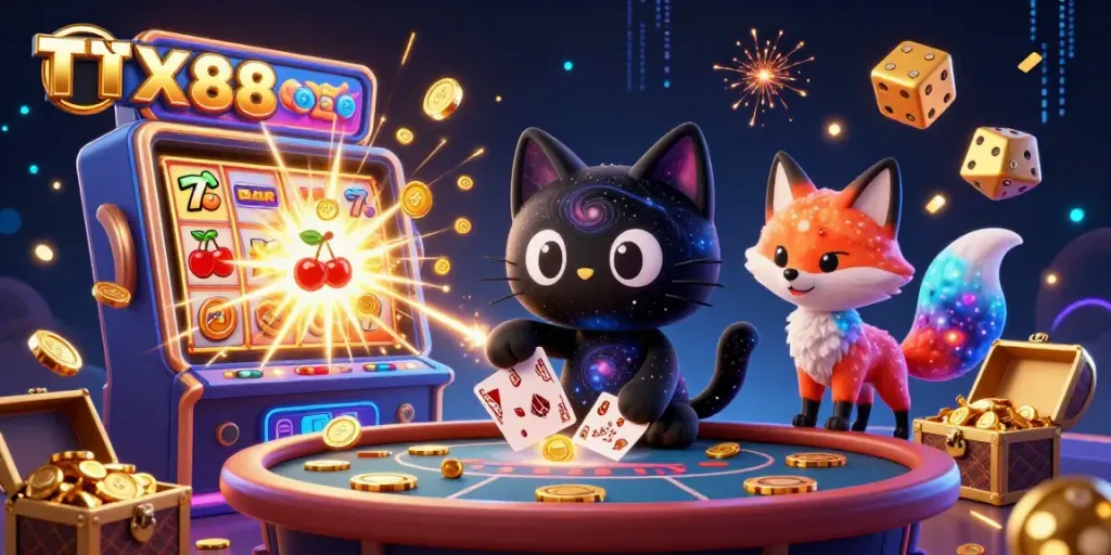 Engaging casino scene with TX88 brand, featuring a whimsical black hole cat and colorful fox at a vibrant jackpot explosion.