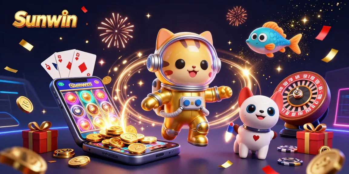 Engage with Sunwin's thrilling casino experience through a vibrant 3D illustration showcasing exciting game elements.