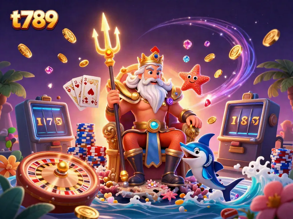 Experience thrilling gameplay at t789 with Neptune, vibrant coins, and lively casino elements.