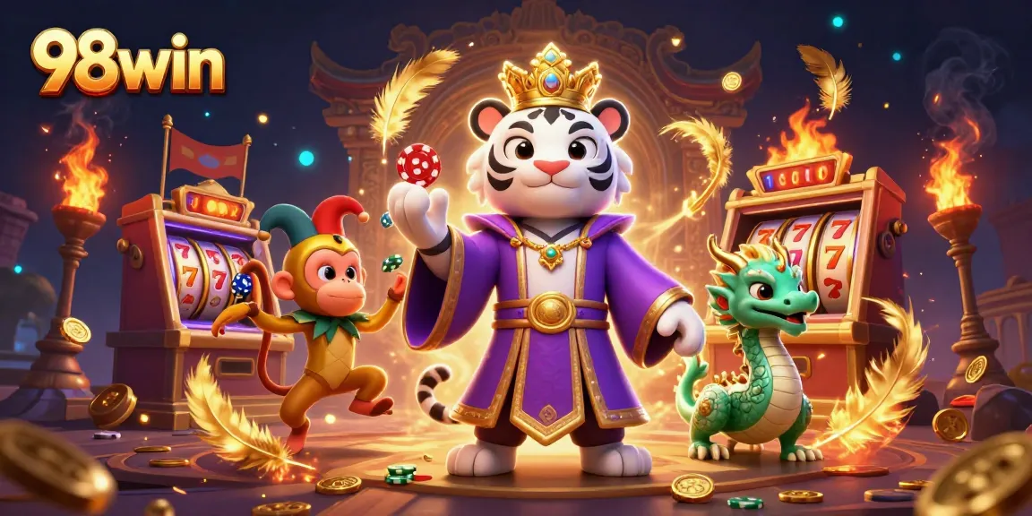 Immerse yourself in 98win's vibrant gaming experience with a lively casino atmosphere featuring iconic characters.