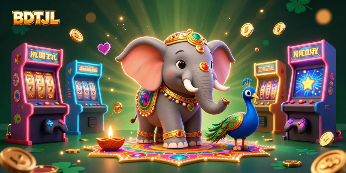 Engage with BDTJL's vibrant casino atmosphere featuring an elephant and peacock amid lucky slot symbols.
