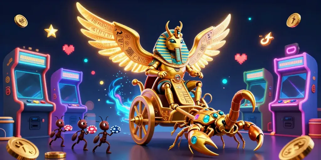 Zowin offers thrilling gaming experiences featuring a colossal scarab beetle amidst vibrant casino elements.