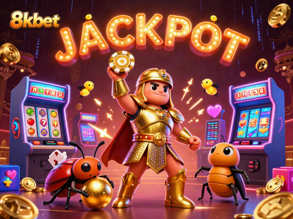 Celebrate wins with 8kbet's vibrant 3D casino scene featuring dynamic gaming elements and jackpot excitement.