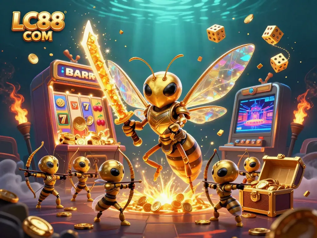 Bet big with LC88 COM in a dynamic scene of casino excitement featuring a golden hornet and slot machine.