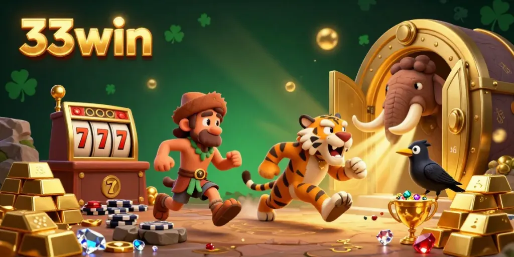Engage in thrilling slots at 33win's unique prehistoric casino with cartoon characters.