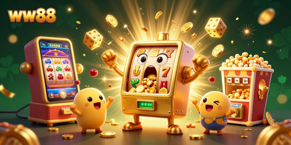 Celebrate your wins at ww88 with a lively scene of jackpots, cartoon slot machines, and casino fun!