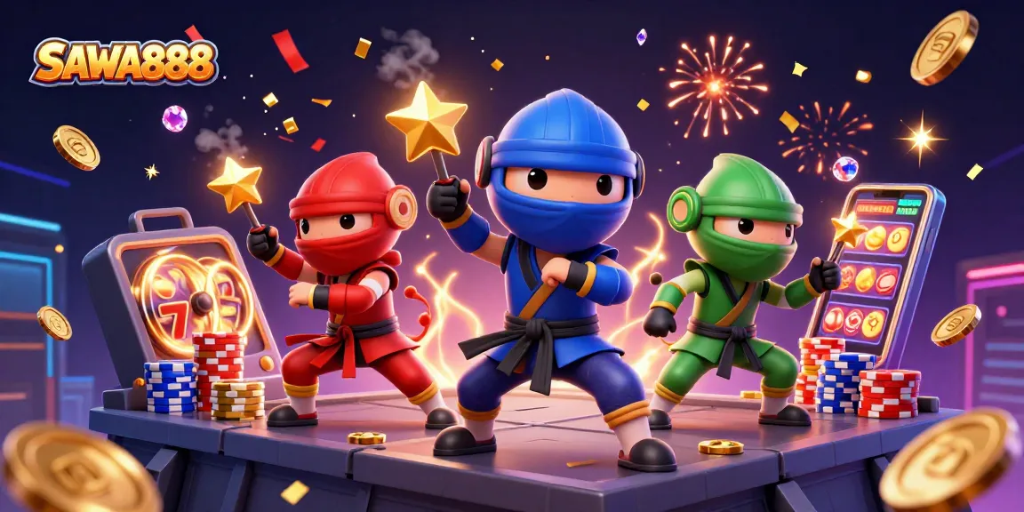 Engage with SAWA888's colorful 3D ninja chameleons and casino elements for a thrilling gaming experience.