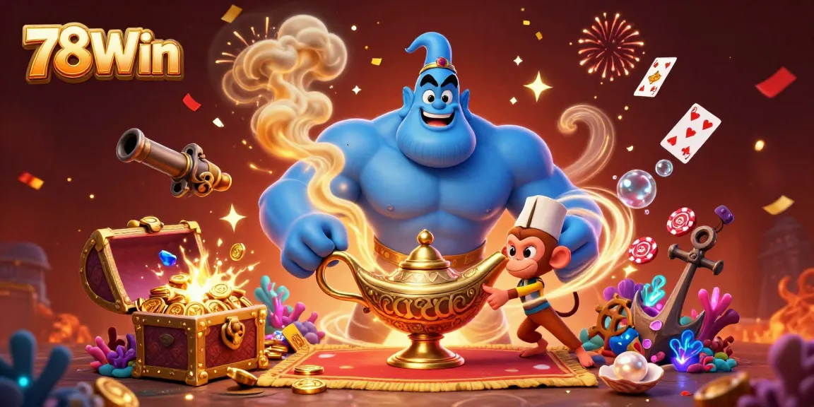 Engage with thrilling experiences at 78Win as a muscular genie and monkey celebrate winning with poker chips.