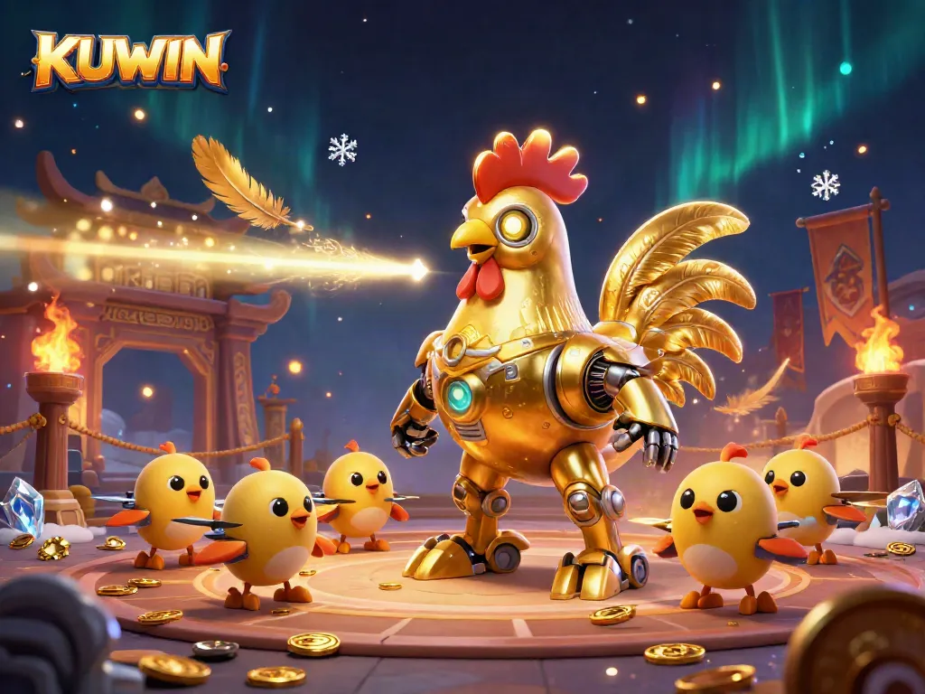 KUWIN's golden rooster robot commands attention in an electrifying casino scene with vibrant gaming elements.