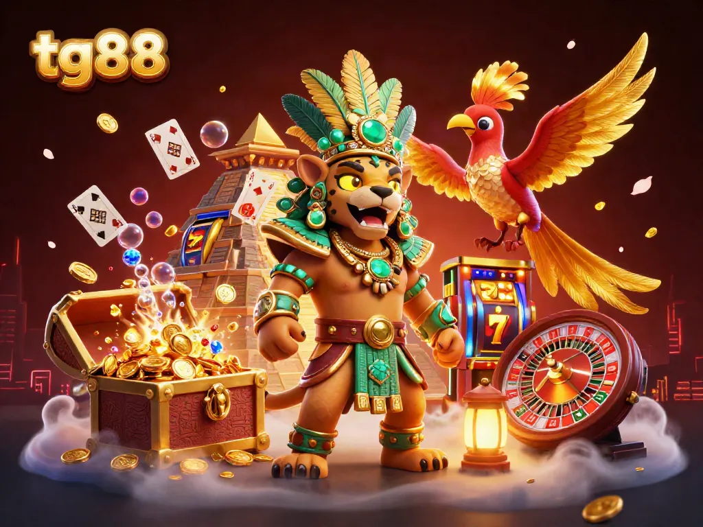 tg88 online casino illustration with a Mayan jaguar and vibrant gaming elements, showcasing jackpots and slots.