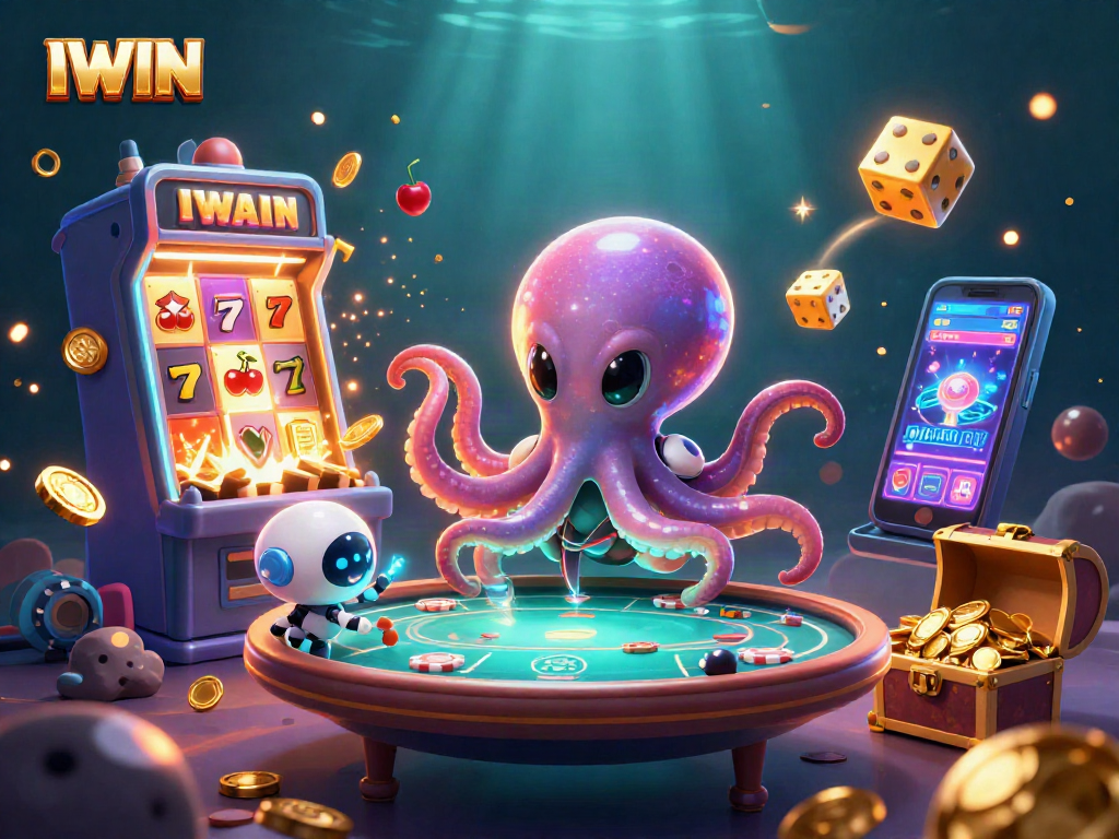 IWIN showcases a 3D alien octopus at a holographic poker table with casino elements orbiting, bringing vibrant gambling excitement.