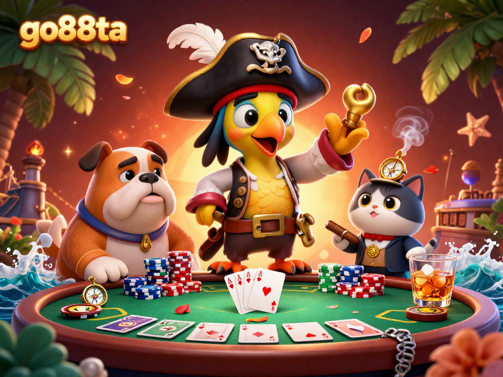 Engage with the vibrant go88ta casino scene featuring a pirate captain, bulldog, and cat with poker elements.