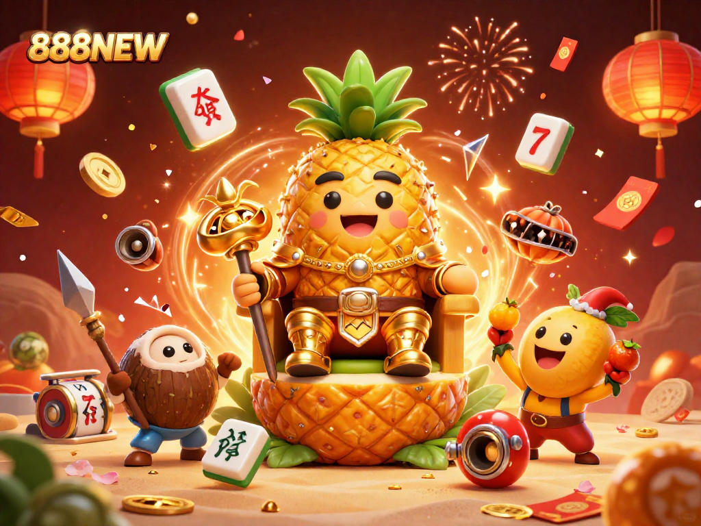 Engage with 888NEW's fun-filled scene featuring a cartoon golden pineapple king and vibrant casino elements.