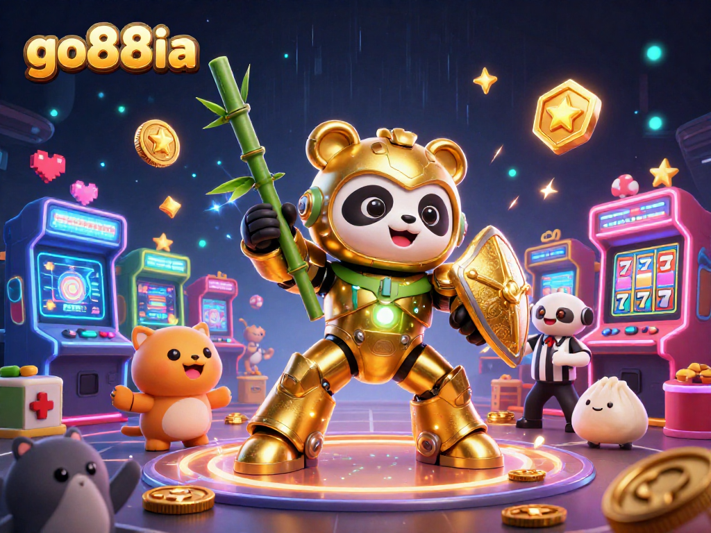 Engage with go88ia in this vibrant casino scene featuring a mech-suit panda battling amidst arcade game excitement.