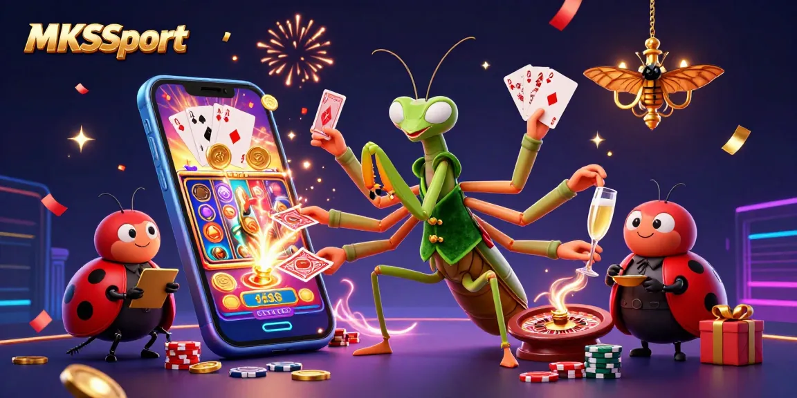 MKSport highlights a vibrant casino scene with a whimsical praying mantis alongside a ladybug pit boss celebrating wins.