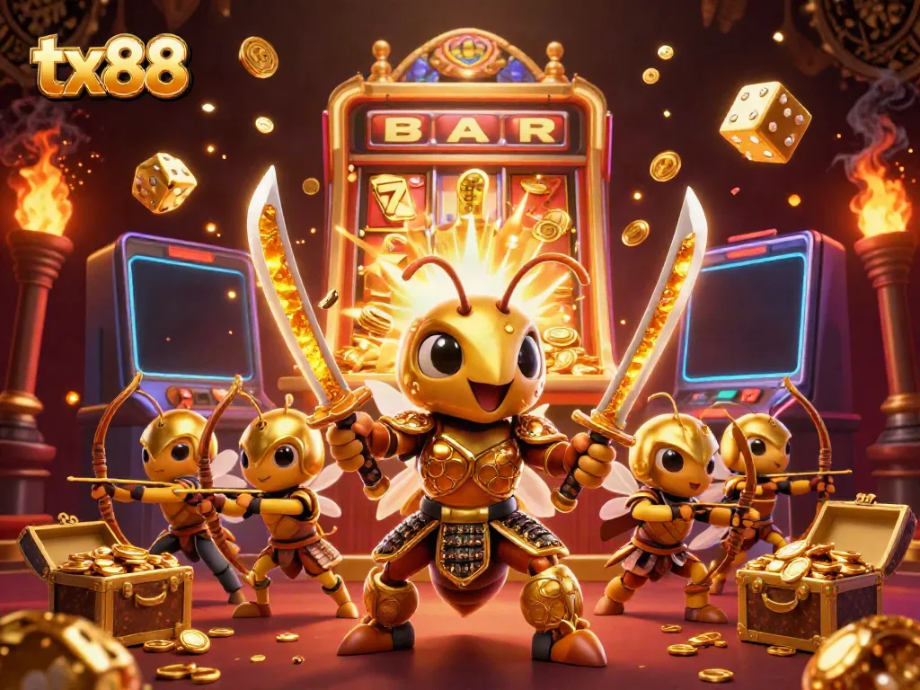 Experience thrilling gaming action at tx88 with vibrant characters and exciting slot machines in a dynamic casino scene.